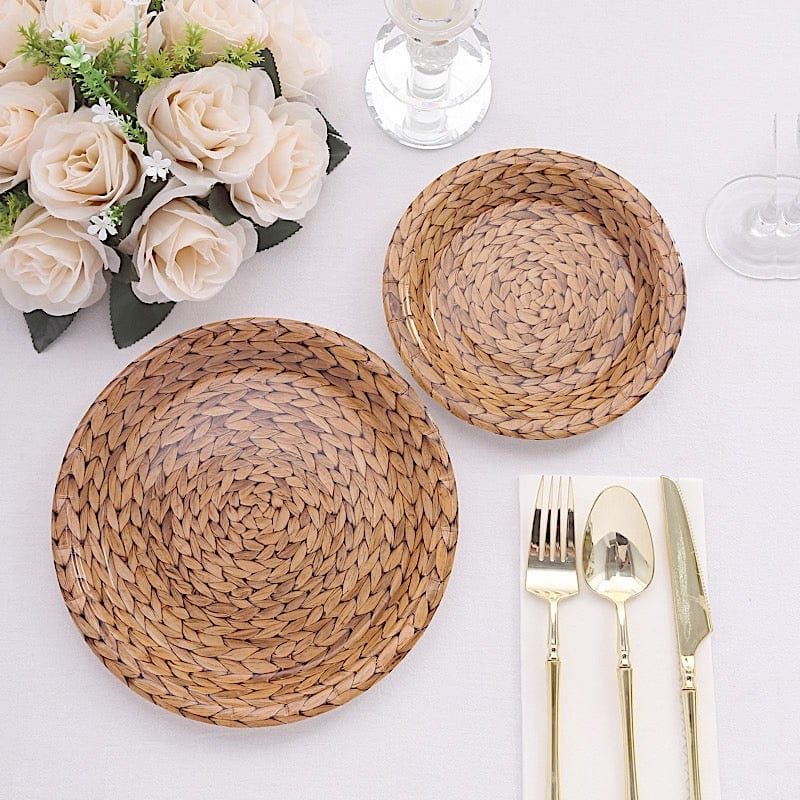 25 Natural Paper Dinner Plates with Woven Rattan Print