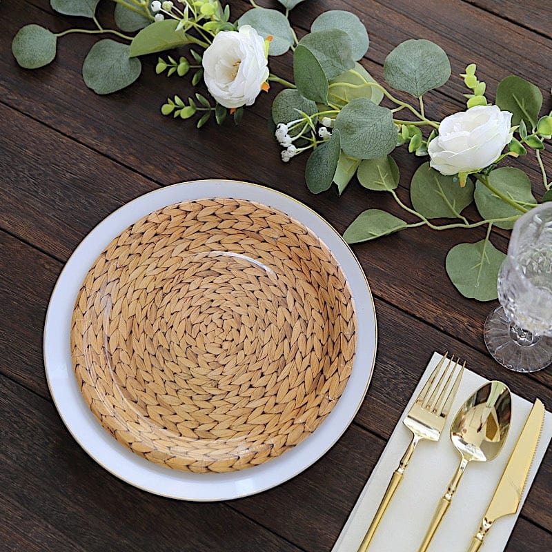 25 Natural Paper Dinner Plates with Woven Rattan Print