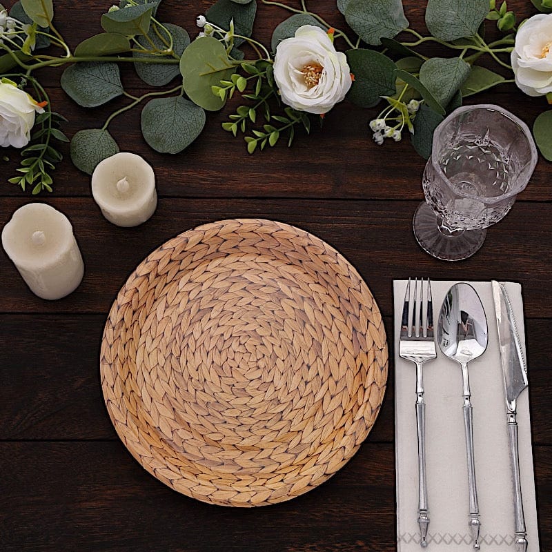 25 Natural Paper Dinner Plates with Woven Rattan Print