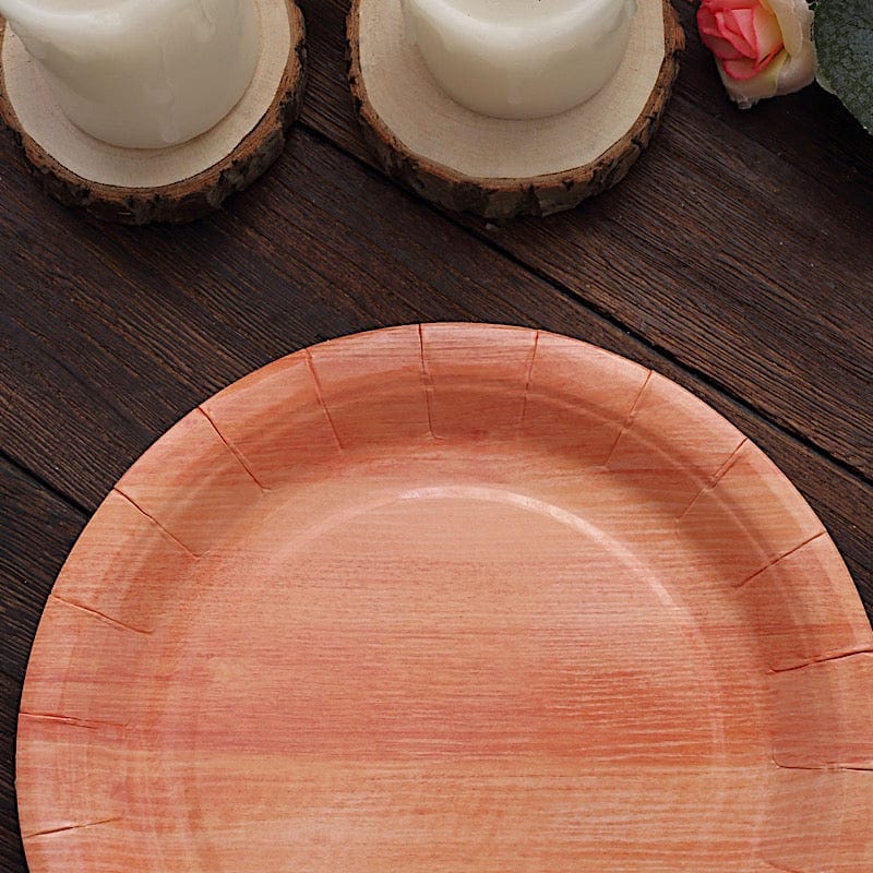25 Natural Wood Grain Design Round Paper Plates - Disposable Tableware