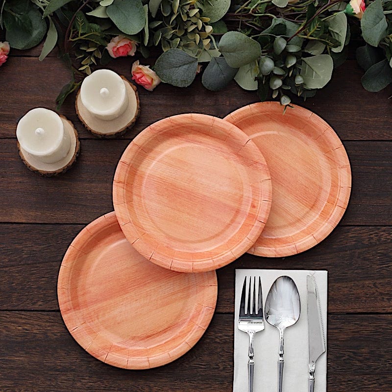 25 Natural Wood Grain Design Round Paper Plates - Disposable Tableware
