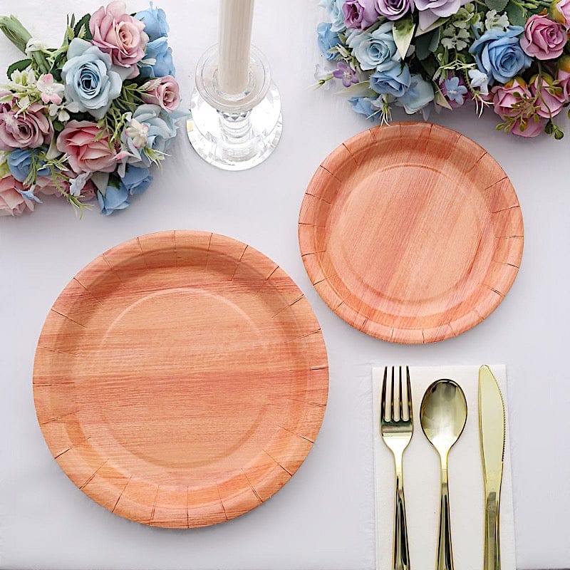 25 Natural Wood Grain Design Round Paper Plates - Disposable Tableware