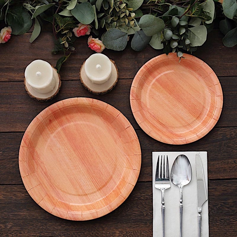 25 Natural Wood Grain Design Round Paper Plates - Disposable Tableware