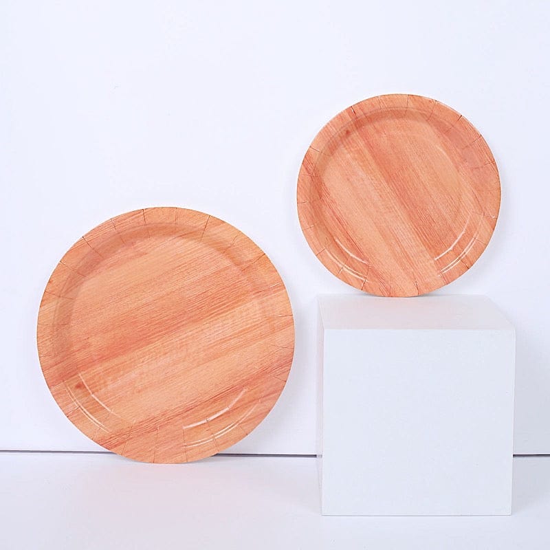 25 Natural Wood Grain Design Round Paper Plates - Disposable Tableware