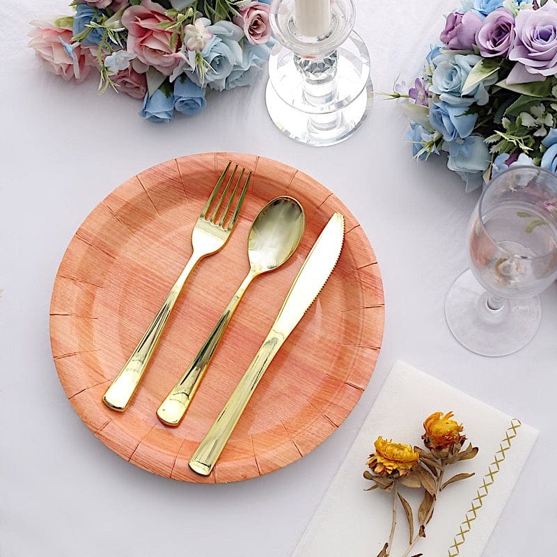 25 Natural Wood Grain Design Round Paper Plates - Disposable Tableware