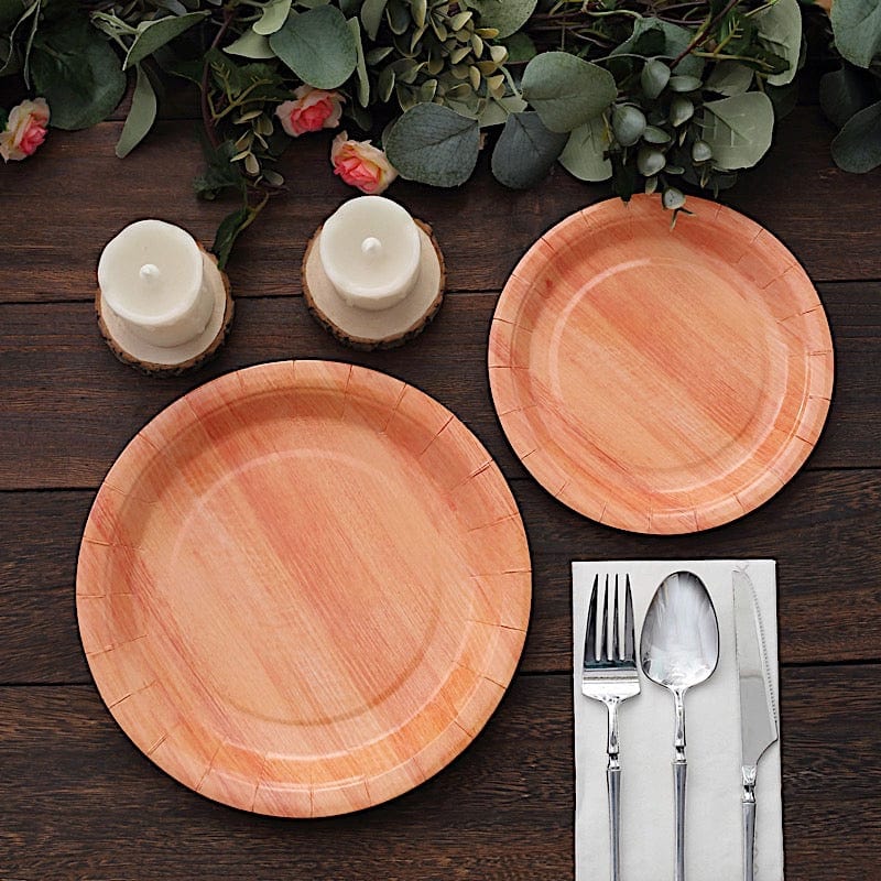 25 Natural Wood Grain Design Round Paper Plates - Disposable Tableware