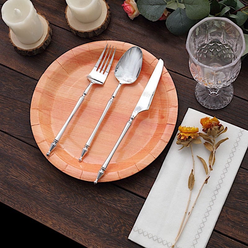 25 Natural Wood Grain Design Round Paper Plates - Disposable Tableware