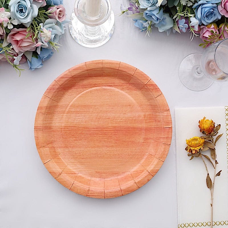 25 Natural Wood Grain Design Round Paper Plates - Disposable Tableware