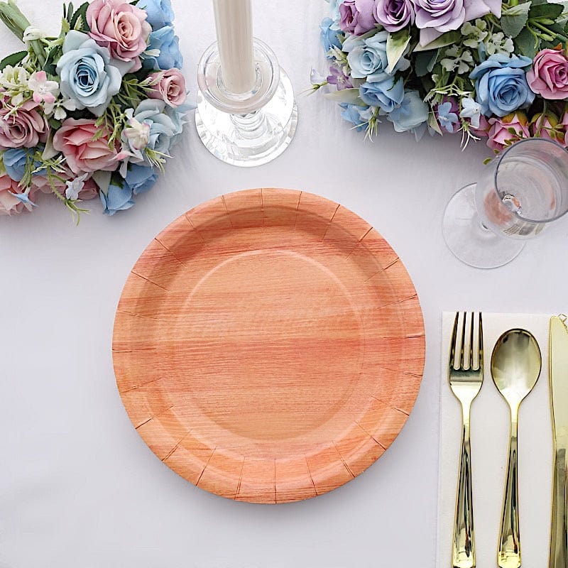 25 Natural Wood Grain Design Round Paper Plates - Disposable Tableware