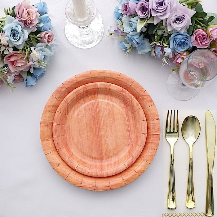 25 Natural Wood Grain Design Round Paper Plates - Disposable Tableware