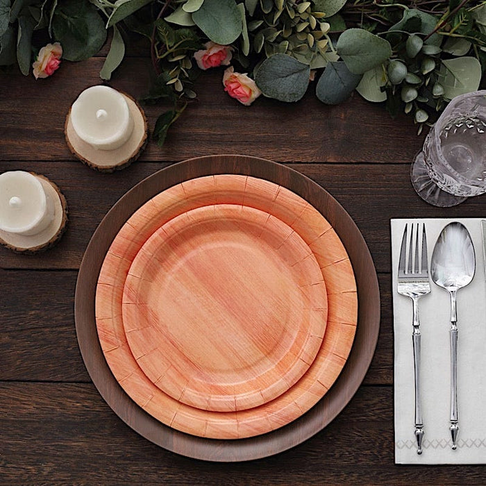 25 Natural Wood Grain Design Round Paper Plates - Disposable Tableware