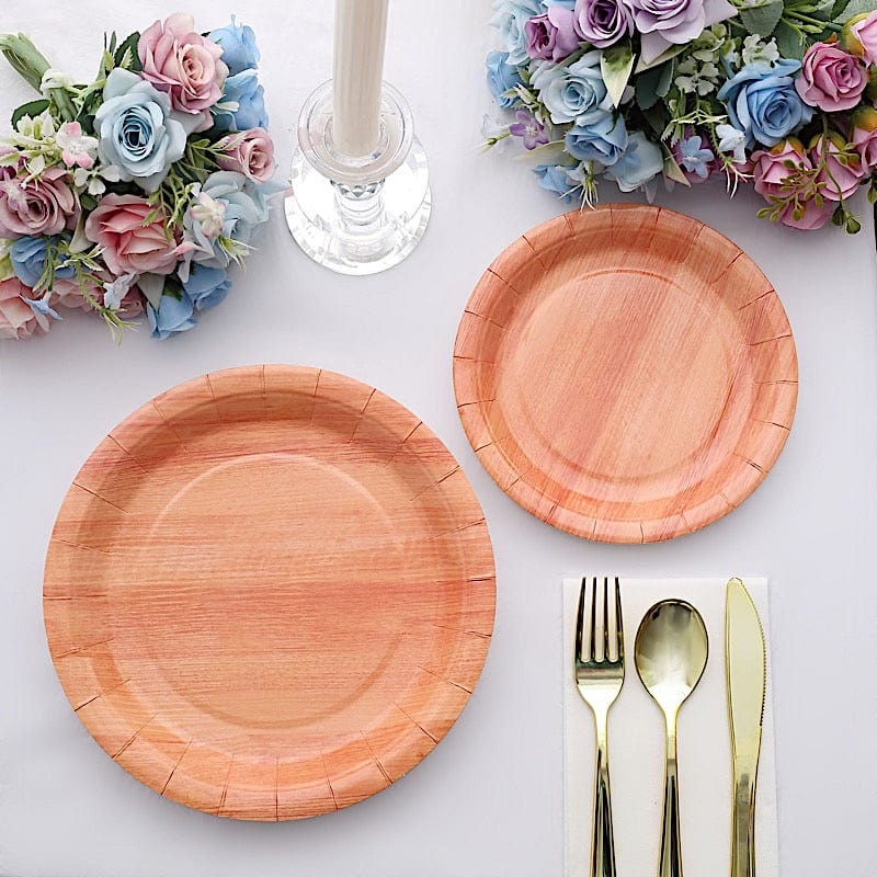 25 Natural Wood Grain Design Round Paper Plates - Disposable Tableware