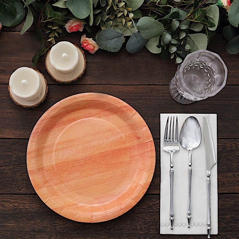 25 Natural Wood Grain Design Round Paper Plates - Disposable Tableware