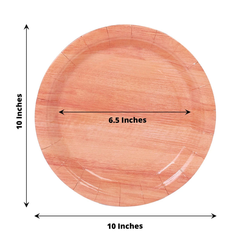 25 Natural Wood Grain Design Round Paper Plates - Disposable Tableware