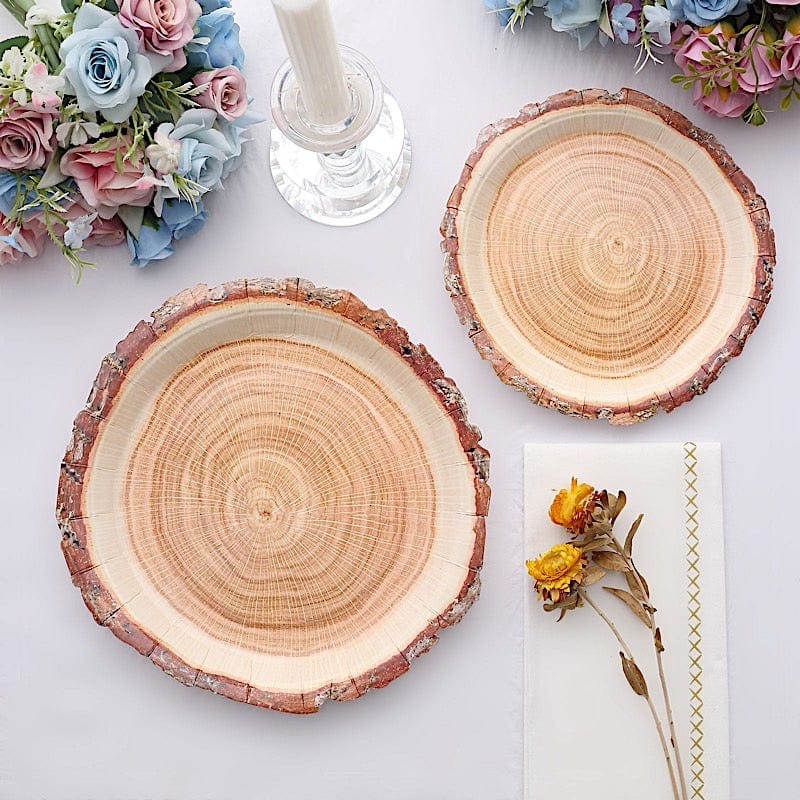 25 Natural Wood Slice Design Round Paper Plates - Disposable Tableware