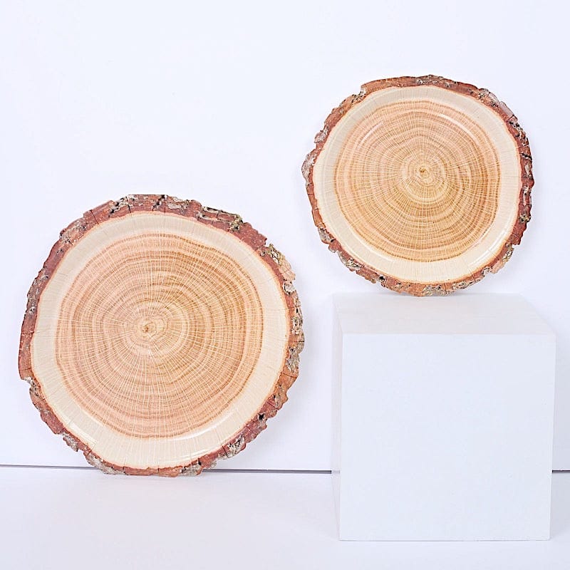 25 Natural Wood Slice Design Round Paper Plates - Disposable Tableware