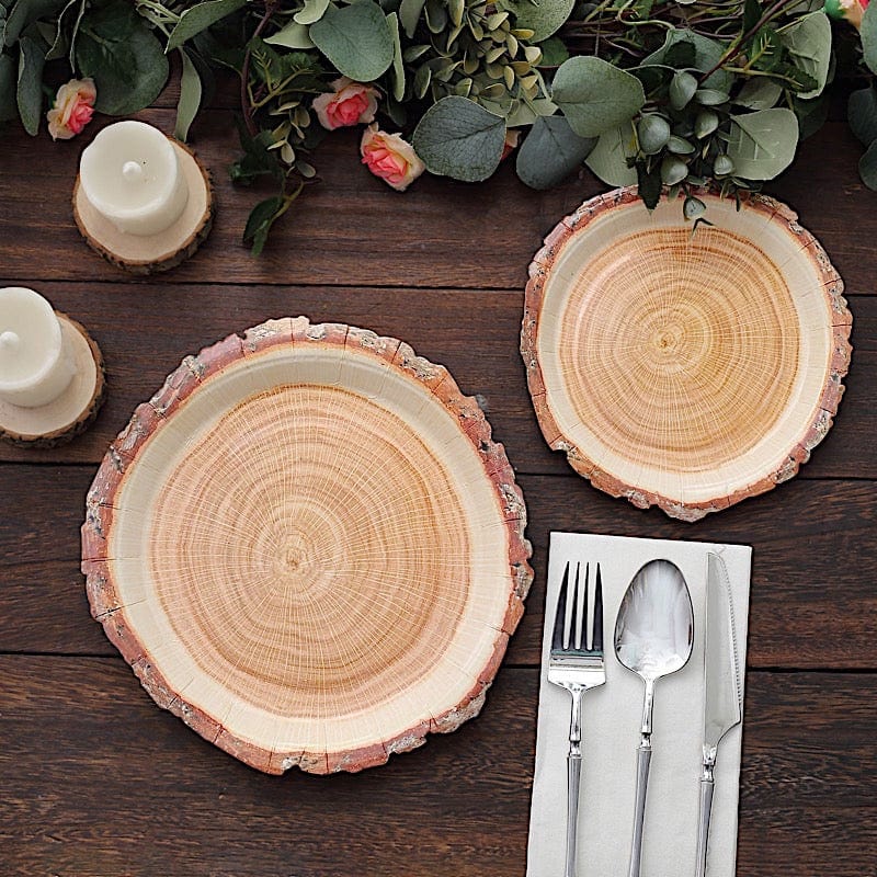 25 Natural Wood Slice Design Round Paper Plates - Disposable Tableware