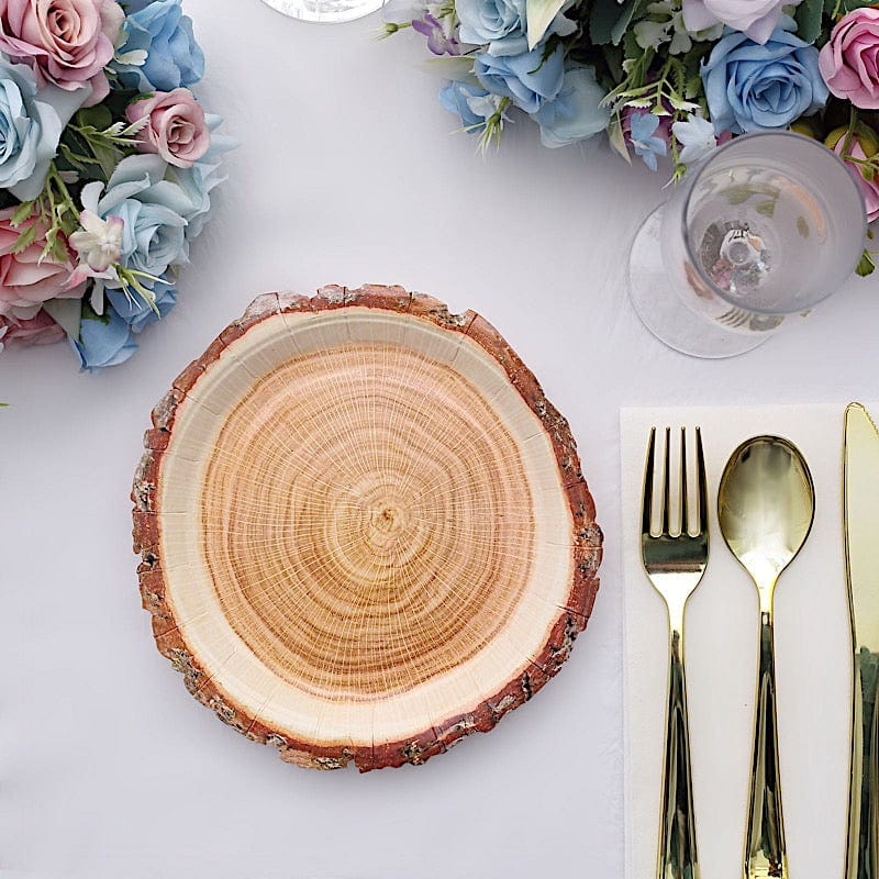 25 Natural Wood Slice Design Round Paper Plates - Disposable Tableware