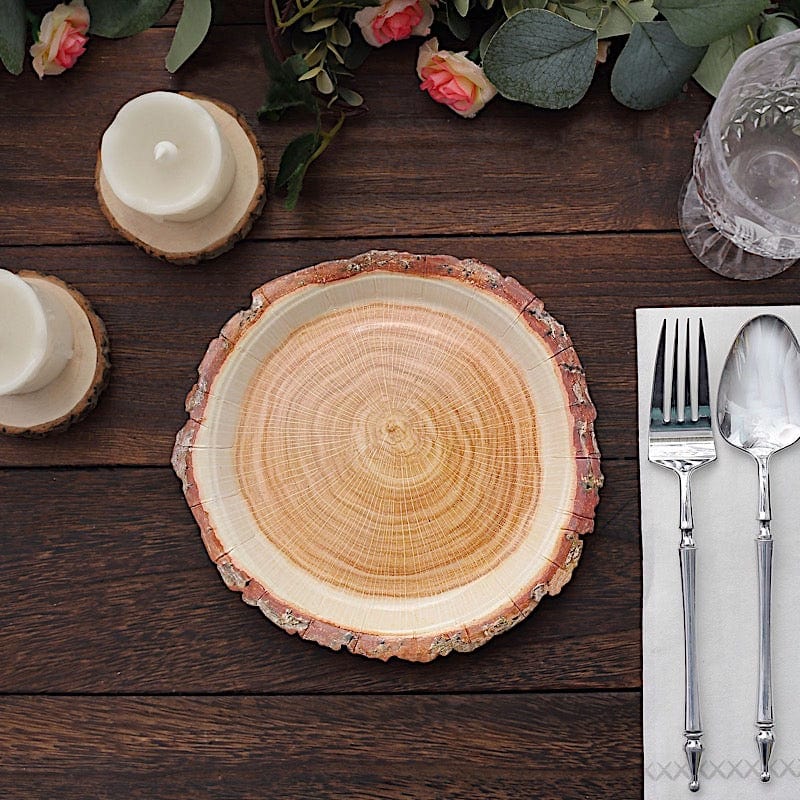 25 Natural Wood Slice Design Round Paper Plates - Disposable Tableware