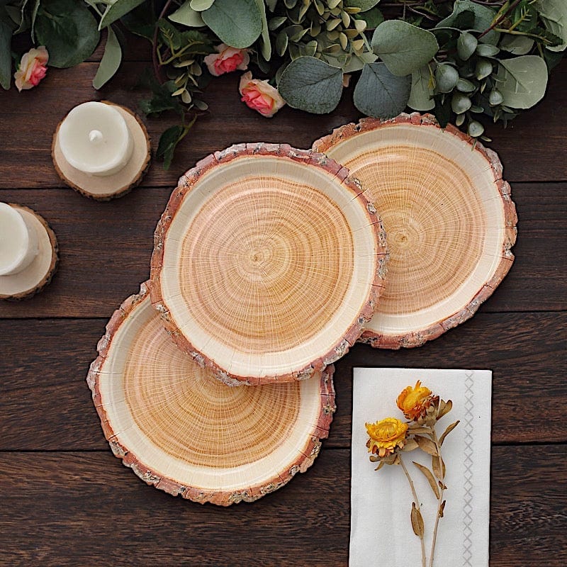 25 Natural Wood Slice Design Round Paper Plates - Disposable Tableware