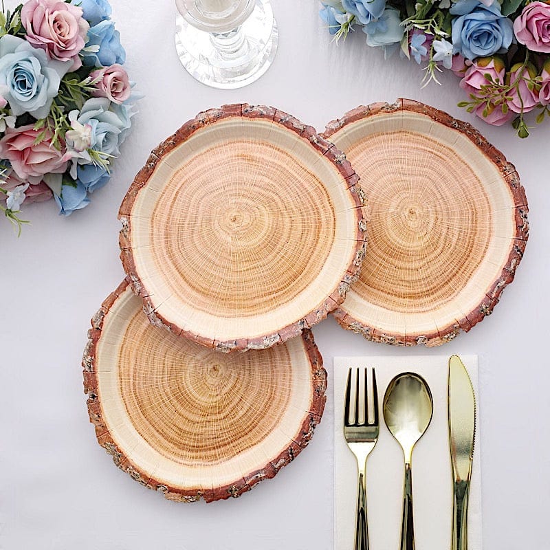 25 Natural Wood Slice Design Round Paper Plates - Disposable Tableware