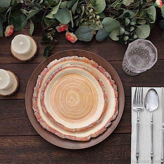 25 Natural Wood Slice Design Round Paper Plates - Disposable Tableware