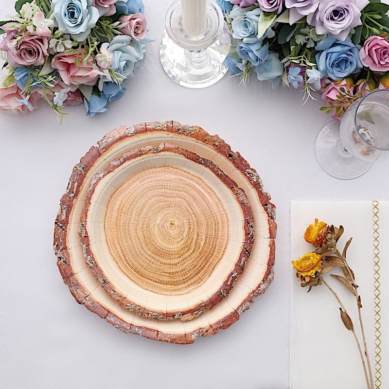 25 Natural Wood Slice Design Round Paper Plates - Disposable Tableware