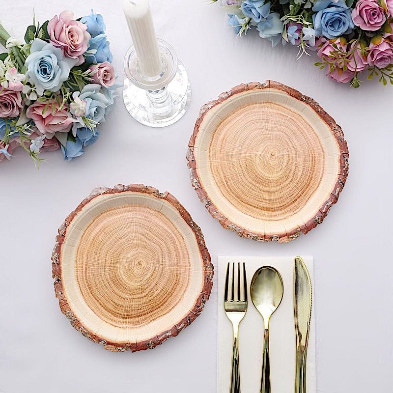 25 Natural Wood Slice Design Round Paper Plates - Disposable Tableware