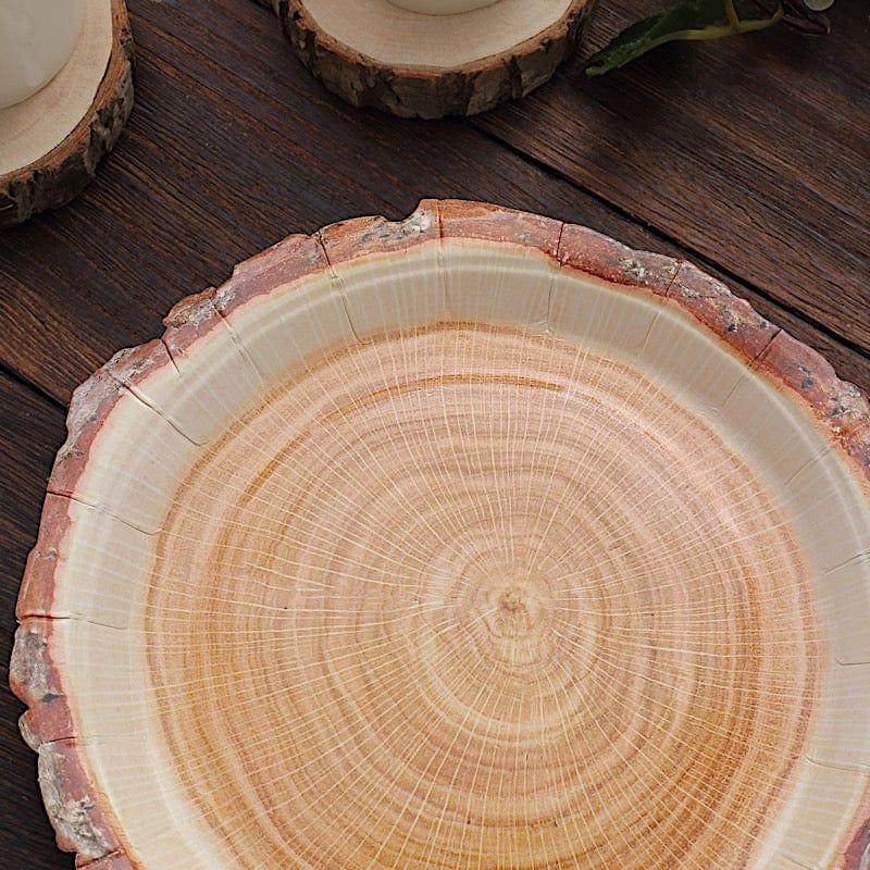 25 Natural Wood Slice Design Round Paper Plates - Disposable Tableware