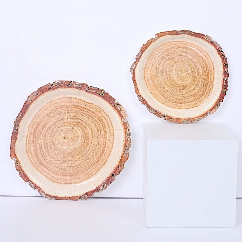 25 Natural Wood Slice Design Round Paper Plates - Disposable Tableware