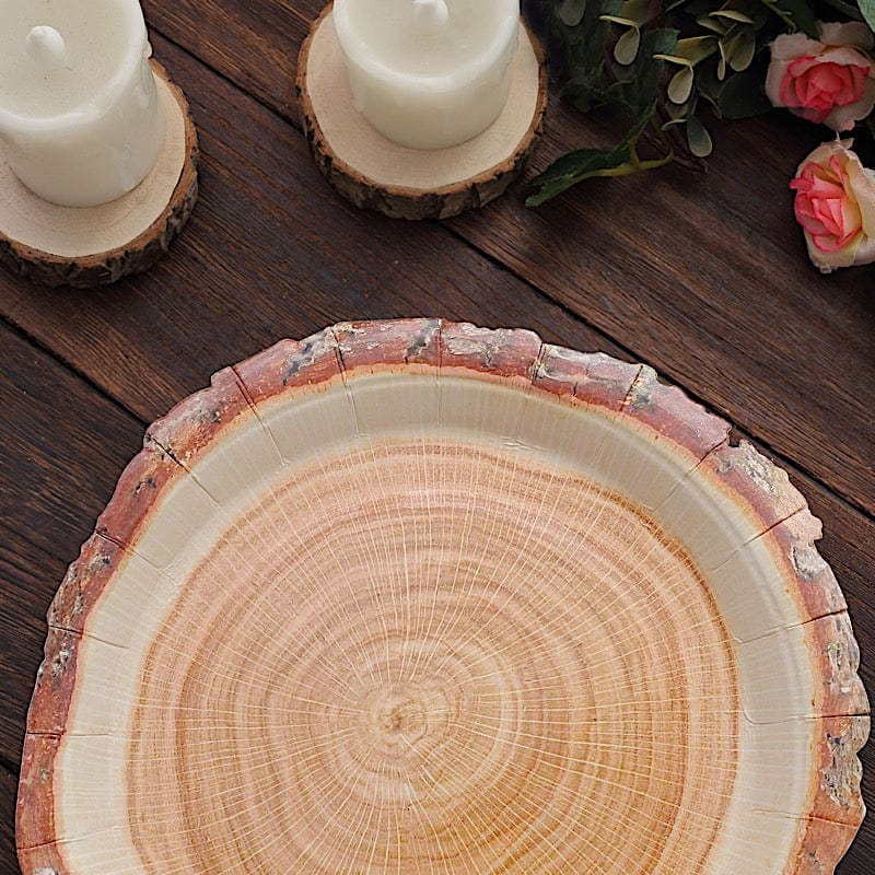 25 Natural Wood Slice Design Round Paper Plates - Disposable Tableware