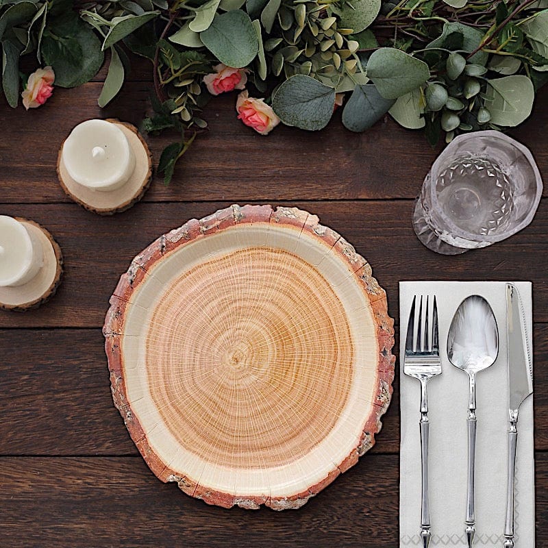 25 Natural Wood Slice Design Round Paper Plates - Disposable Tableware