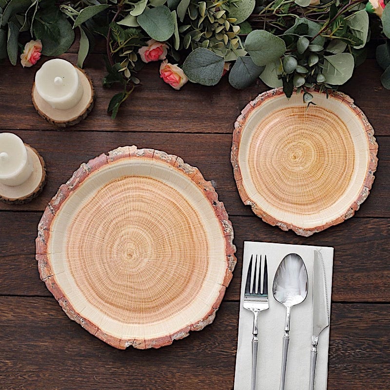 25 Natural Wood Slice Design Round Paper Plates - Disposable Tableware