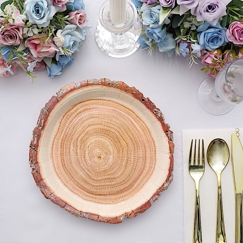 25 Natural Wood Slice Design Round Paper Plates - Disposable Tableware