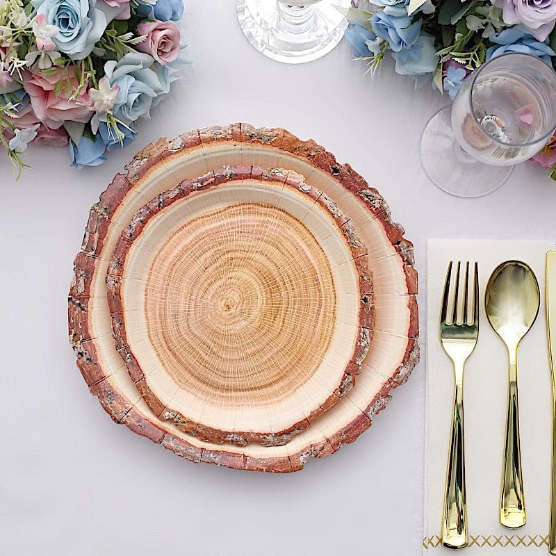 25 Natural Wood Slice Design Round Paper Plates - Disposable Tableware