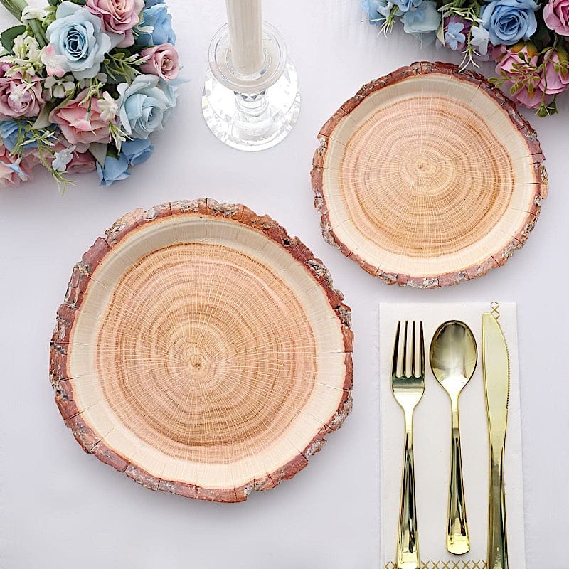 25 Natural Wood Slice Design Round Paper Plates - Disposable Tableware