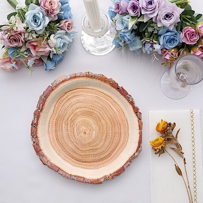 25 Natural Wood Slice Design Round Paper Plates - Disposable Tableware