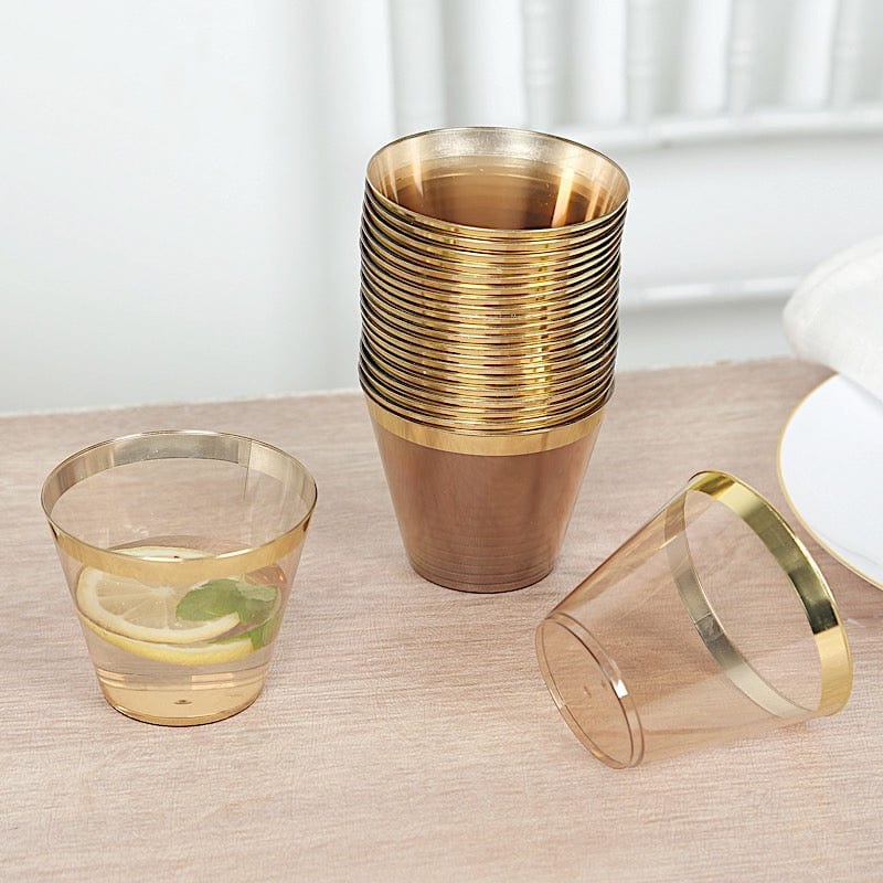 25 Pack 9 oz Plastiс Party Cups with Gold Rim - Disposable Tumblers