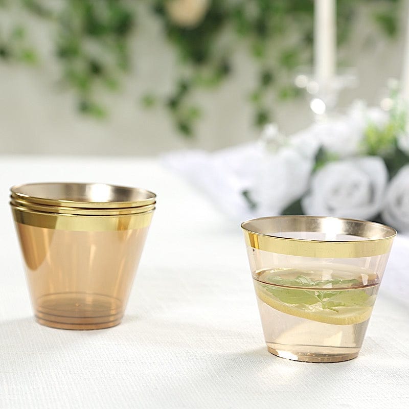 25 Pack 9 oz Plastiс Party Cups with Gold Rim - Disposable Tumblers