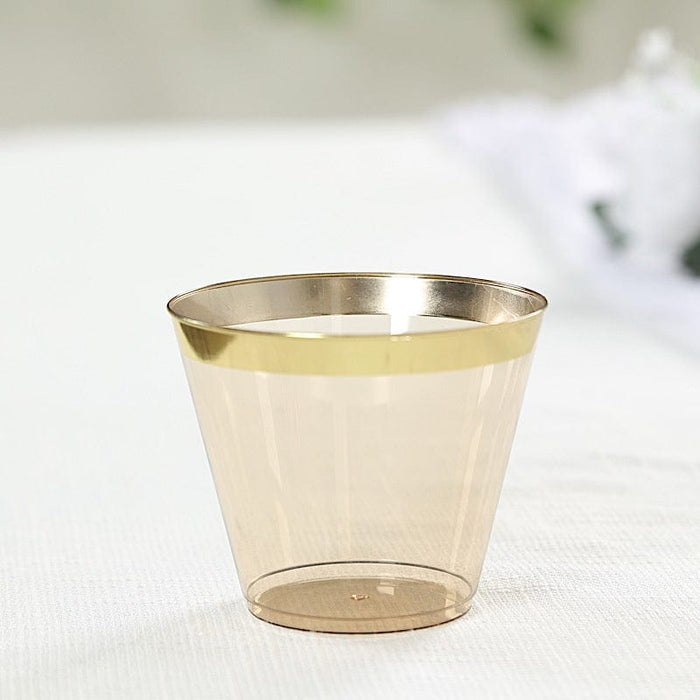 25 Pack 9 oz Plastiс Party Cups with Gold Rim - Disposable Tumblers