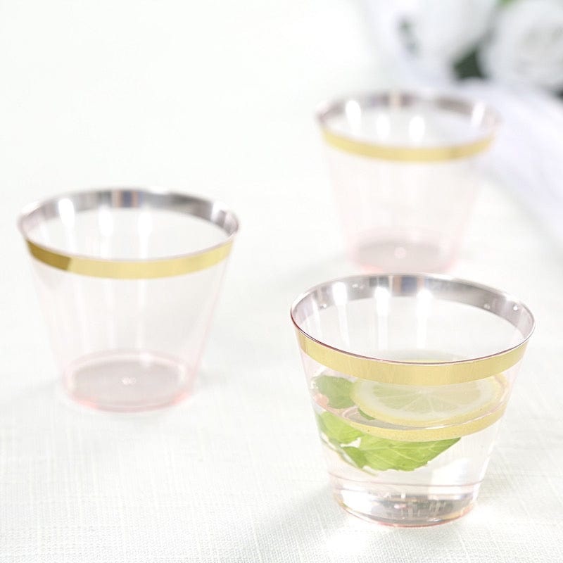 25 Pack 9 oz Plastiс Party Cups with Gold Rim - Disposable Tumblers