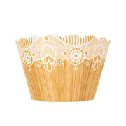 25 Paper Cupcake Liners Muffin Wrappers with Wood Lace Printed Design - Natural and White CAKE_WRAP_PAP03_NAT
