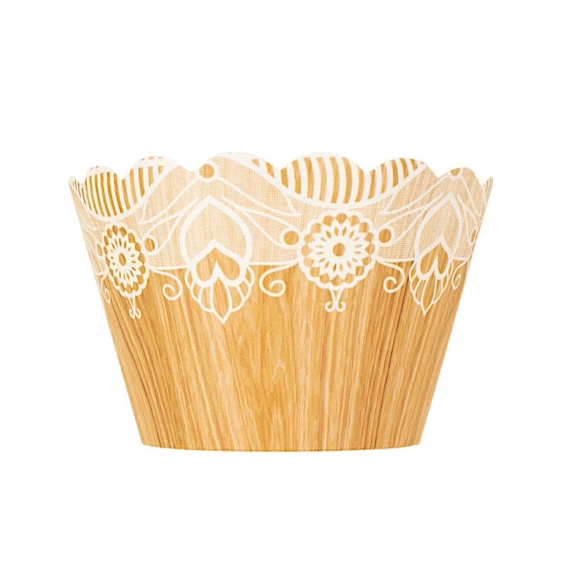 25 Paper Cupcake Liners Muffin Wrappers with Wood Lace Printed Design - Natural and White CAKE_WRAP_PAP03_NAT
