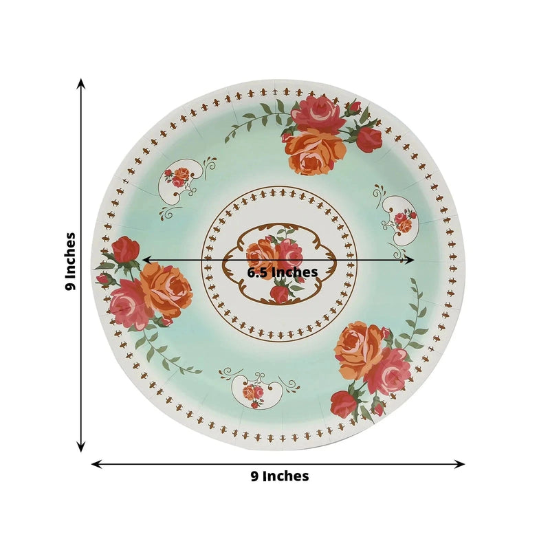 25 Paper Round Plates with Vintage Rose Flower Print