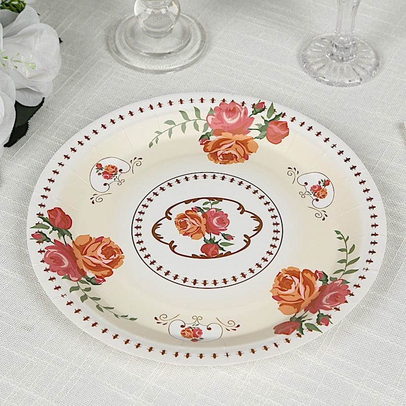 25 Paper Round Plates with Vintage Rose Flower Print