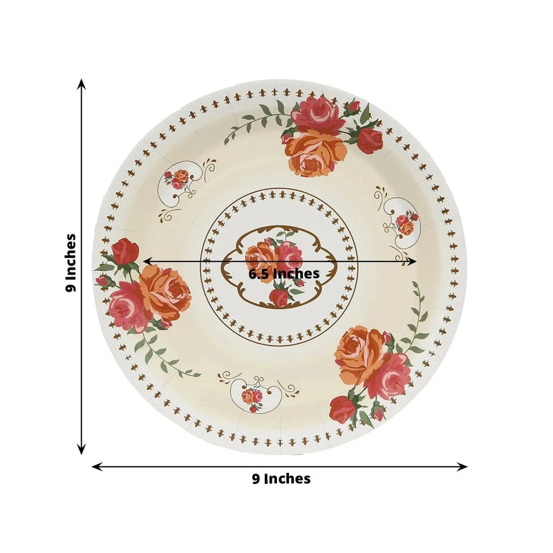 25 Paper Round Plates with Vintage Rose Flower Print