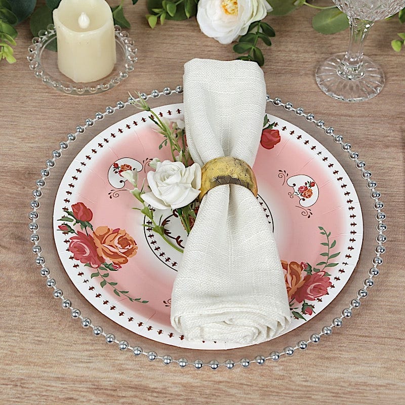 25 Paper Round Plates with Vintage Rose Flower Print