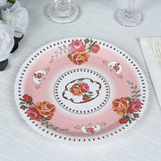 25 Paper Round Plates with Vintage Rose Flower Print