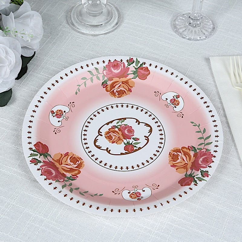 25 Paper Round Plates with Vintage Rose Flower Print