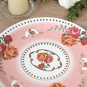 25 Paper Round Plates with Vintage Rose Flower Print